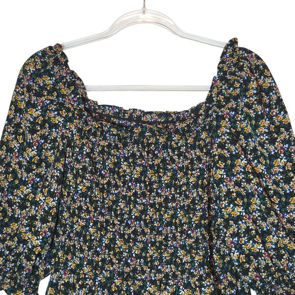 Max Studio Floral Peplum Top Blouse Smocked Blue Pink Yellow Boho Cottagecore L - Picture 2 of 12